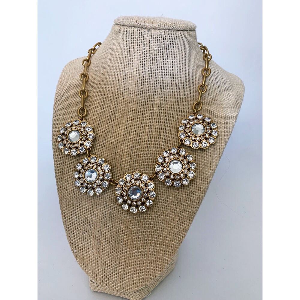 J Crew Flower Rhinestone Bib Style Necklace Gold Tone Metal Adjustable
